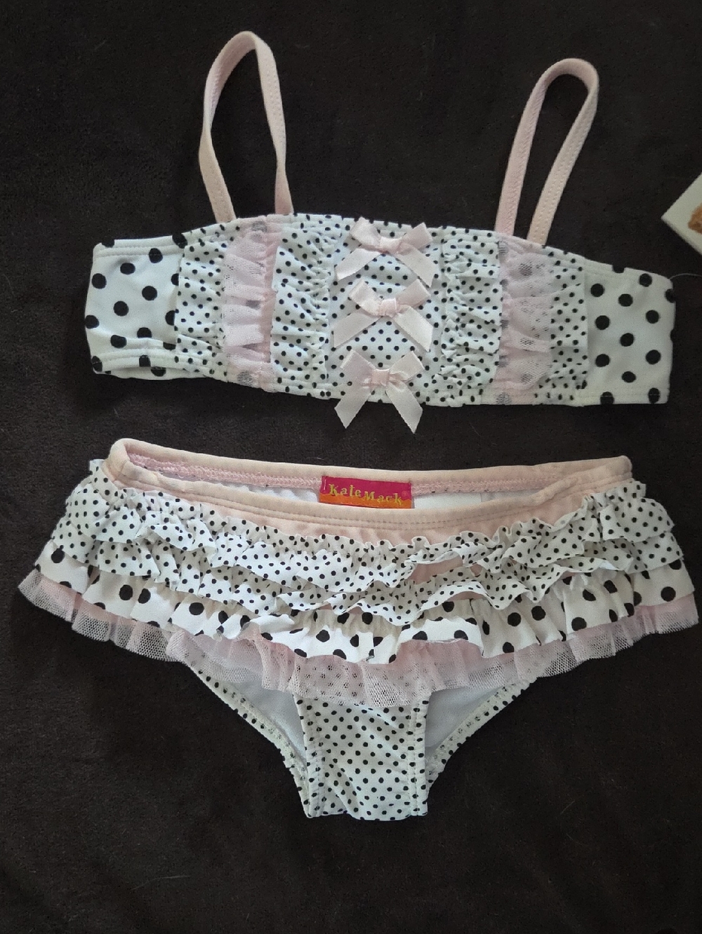 Kate Mack NEW Pink White Black Polka Dot Ruffle Bikini Swimsuit 4 NWT